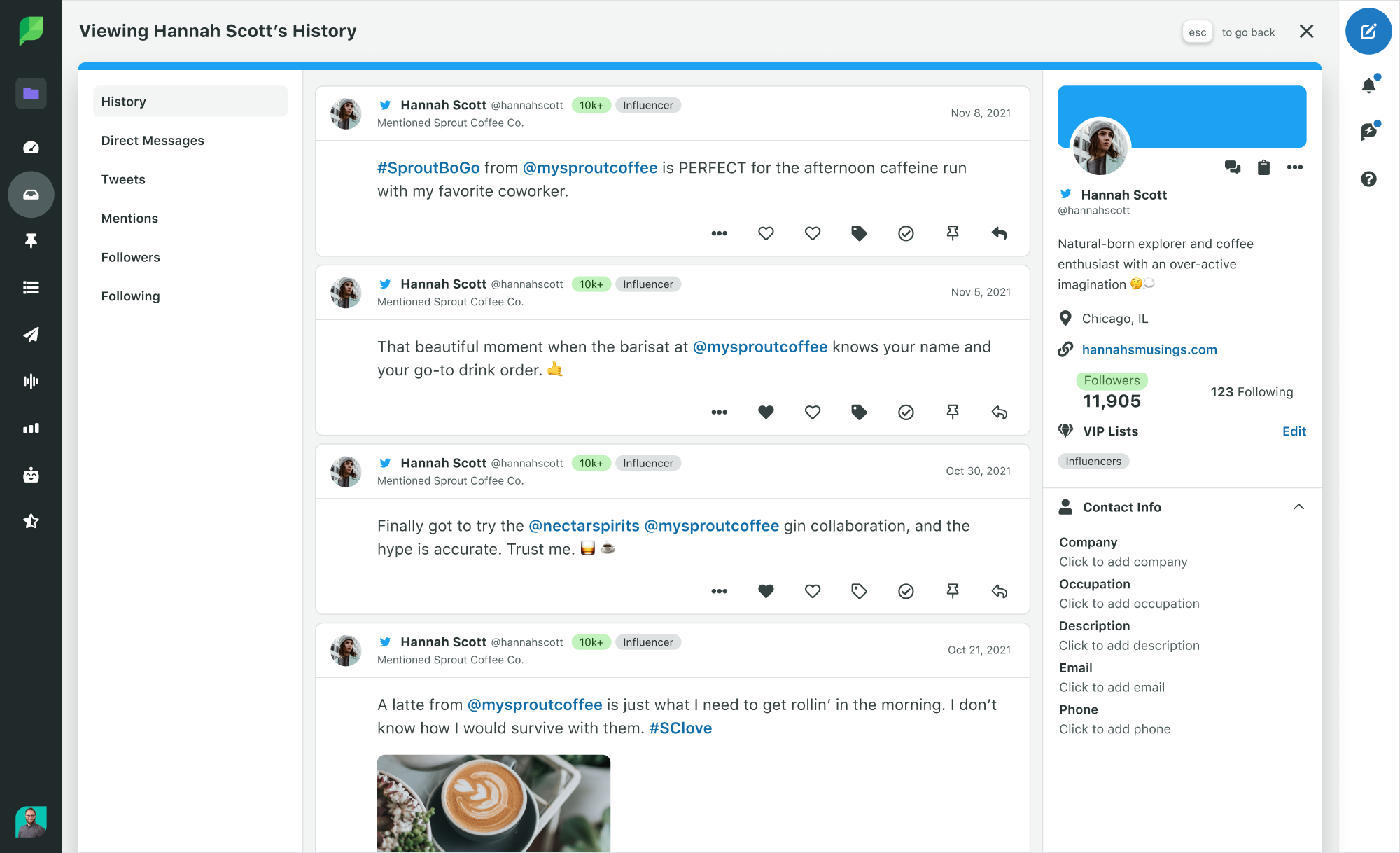 Gain more context for social conversations with Sprout’s Contact Profile Views, where you can view and add custom contact information, internal notes and full conversation history.