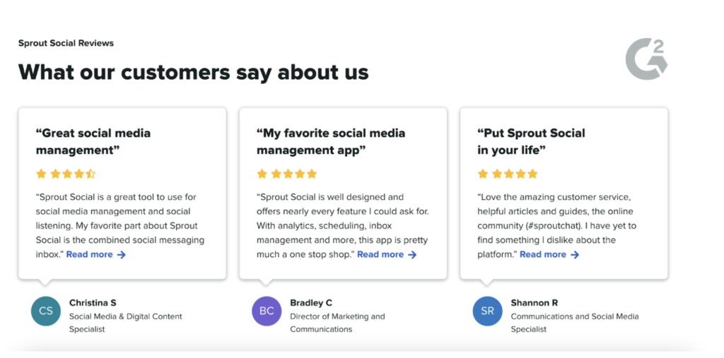 A screenshot of Sprout customer reviews on the G2 Crowd platform