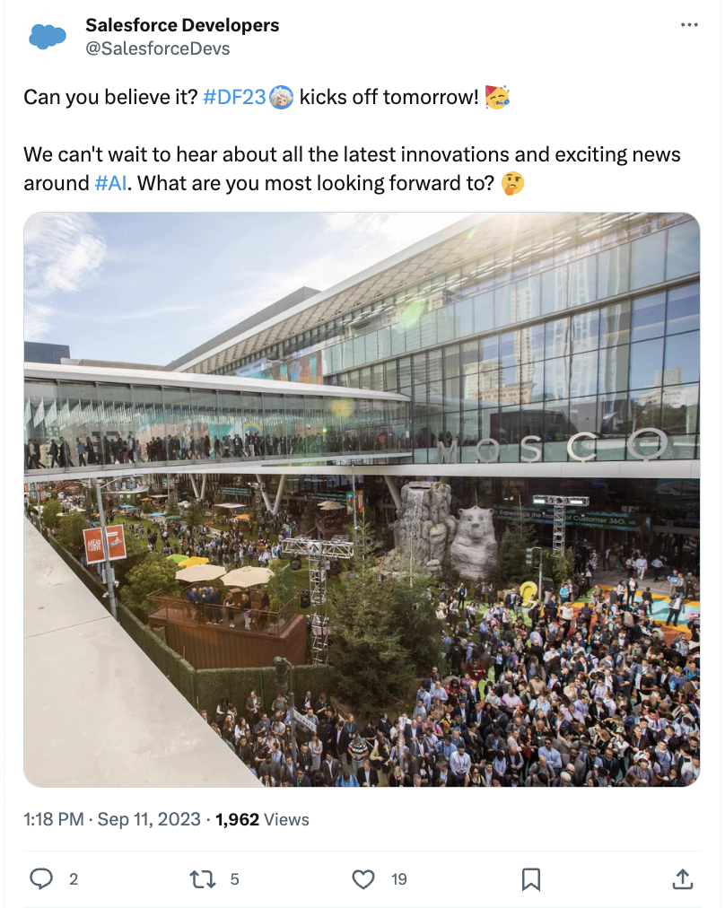 A Post from Salesforce Developers about Dreamfroce 2023. The caption asks what attendees are looking for to the most while attending the conference. 