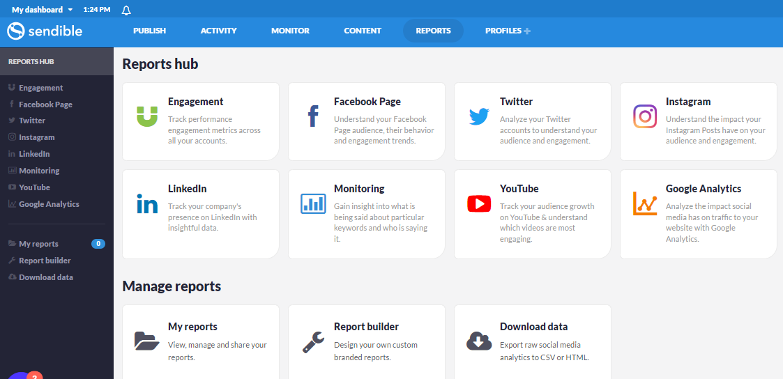 Dashboard of the social media scheduling tool, Sendible